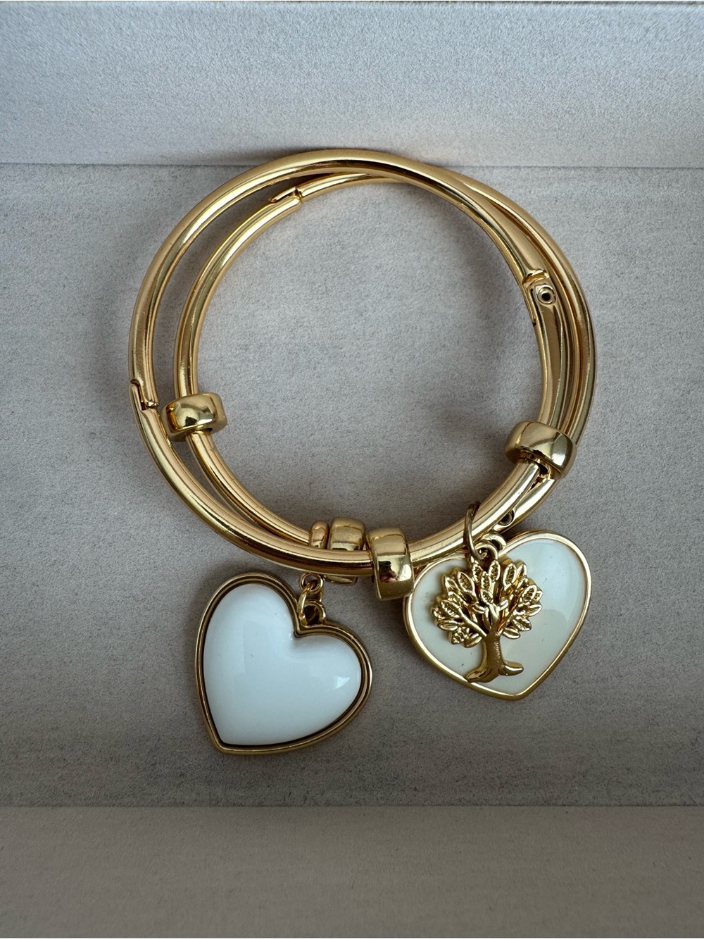 Gold Bracelets with White Heart and Tree Charms
